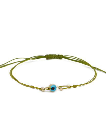 Gold Blue Eye Beaded Green Thread Bracelet